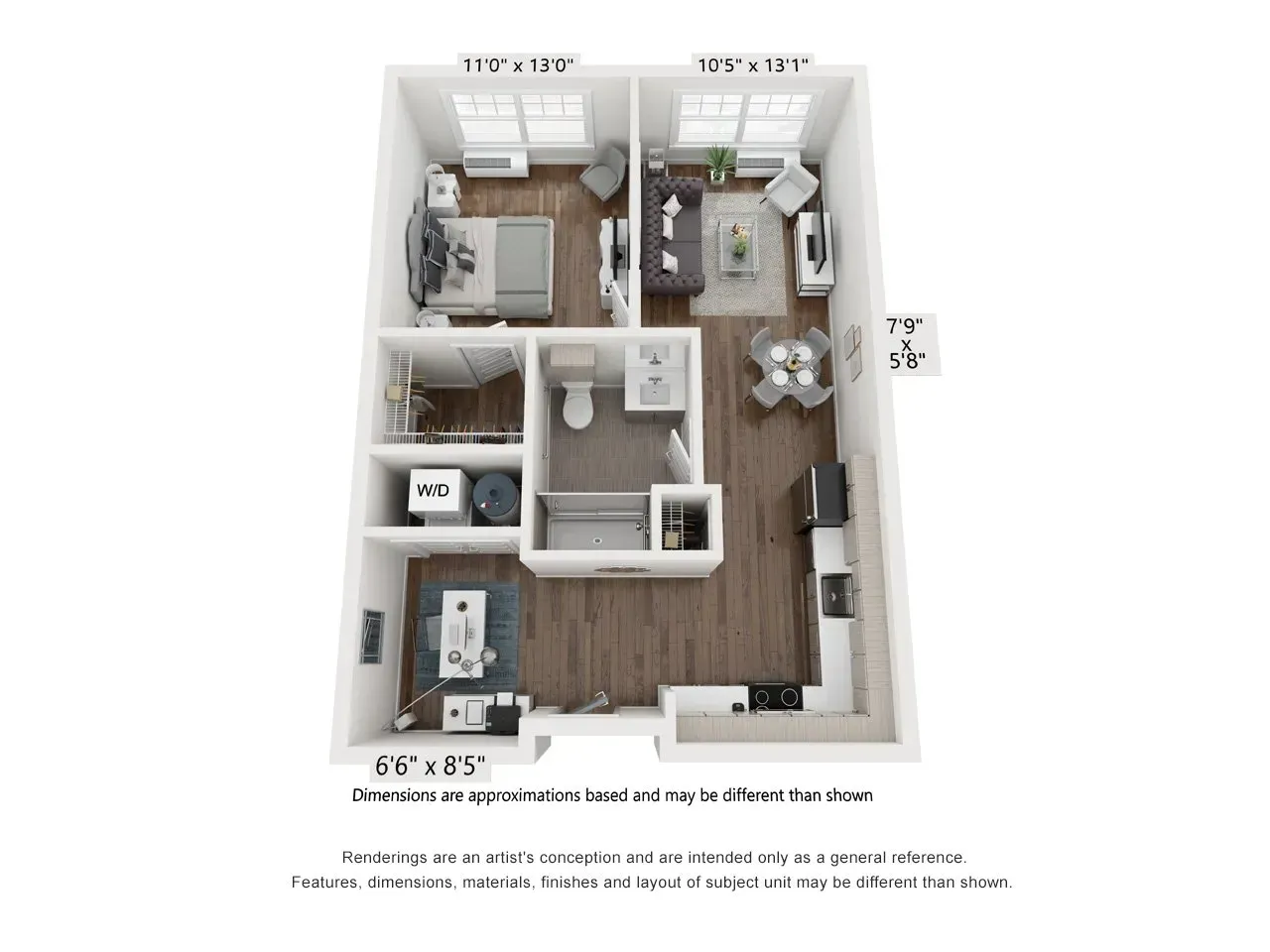A 3d floor plan of a small apartment with a bedroom , living room , and bathroom.