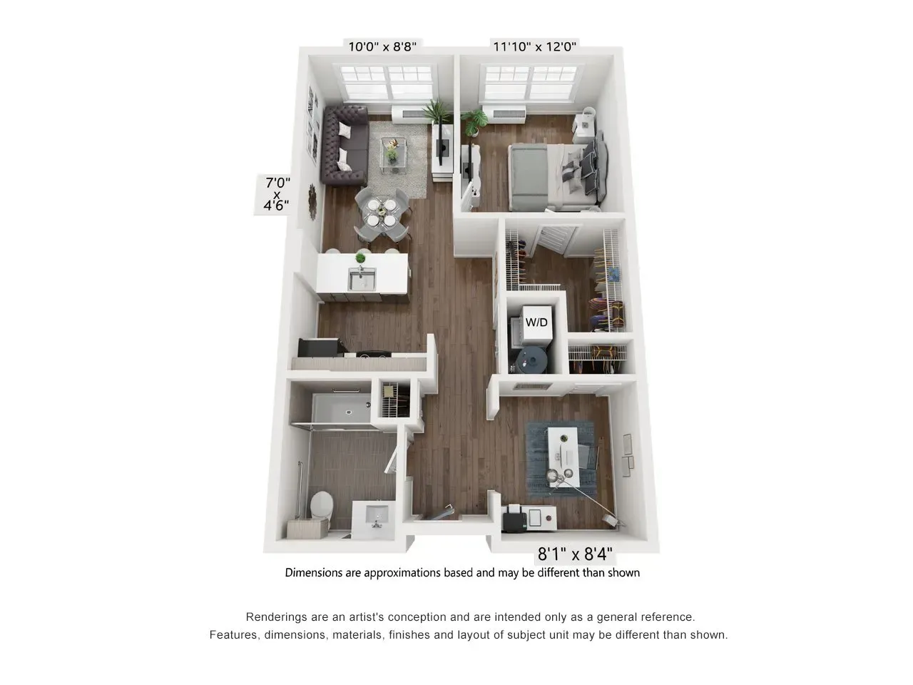 A 3d floor plan of a house with a bedroom , living room , and kitchen.