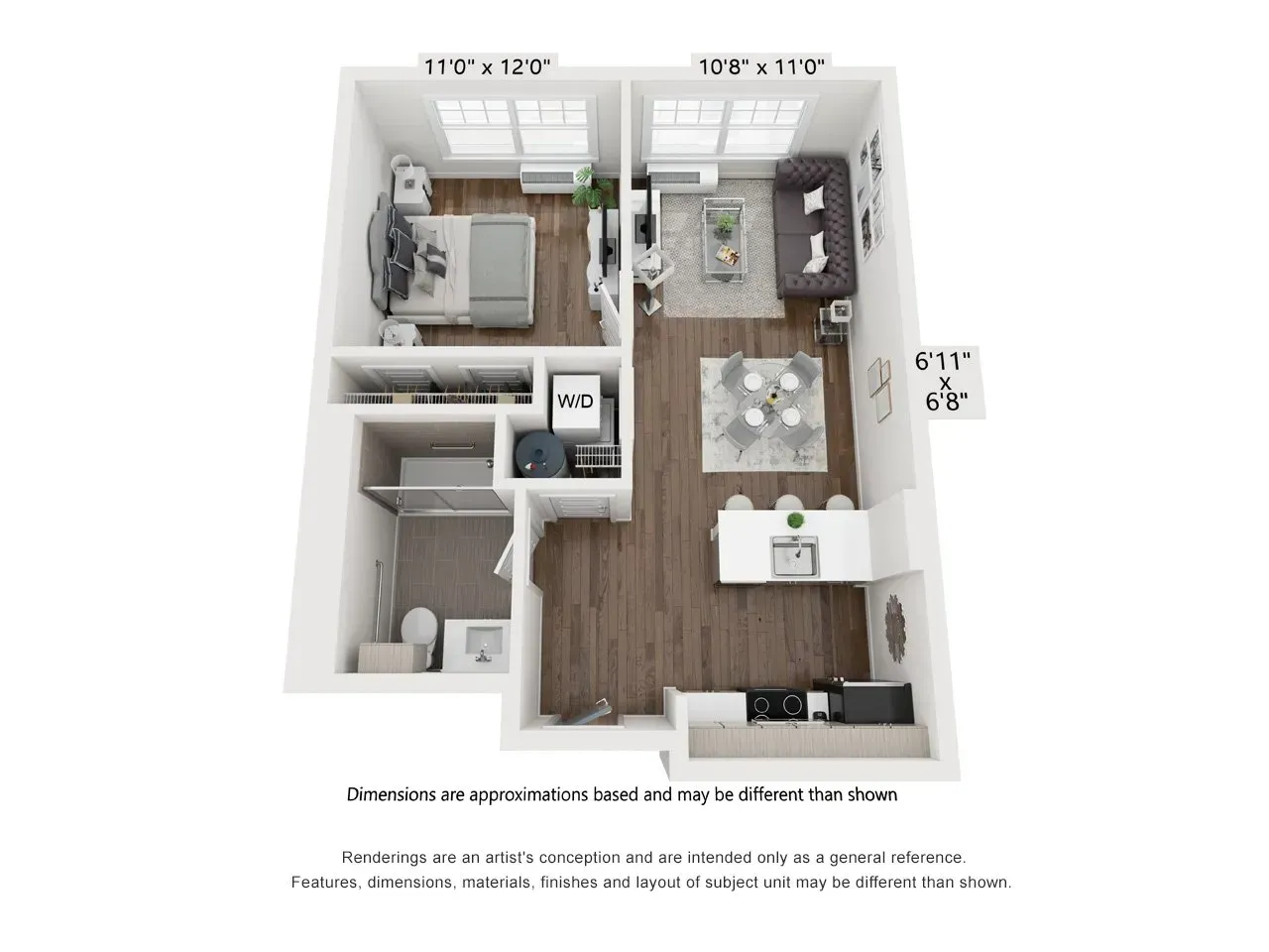 A 3d floor plan of a small apartment with a living room , dining room , and kitchen.