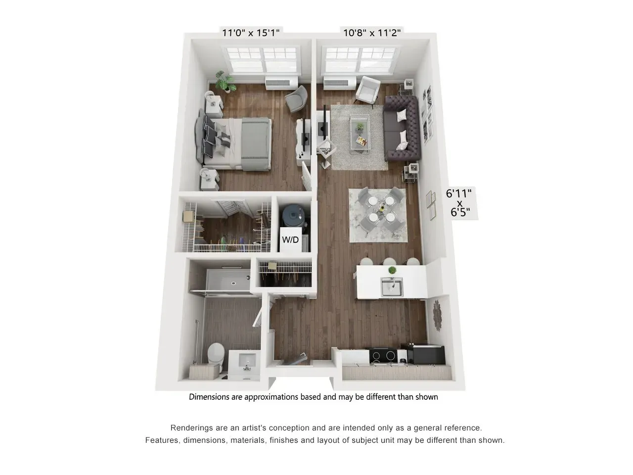 A 3d floor plan of a small apartment with a living room , dining room , and bedroom.