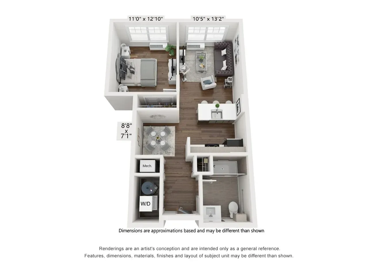 A 3d floor plan of a house with a bedroom , living room , and kitchen.