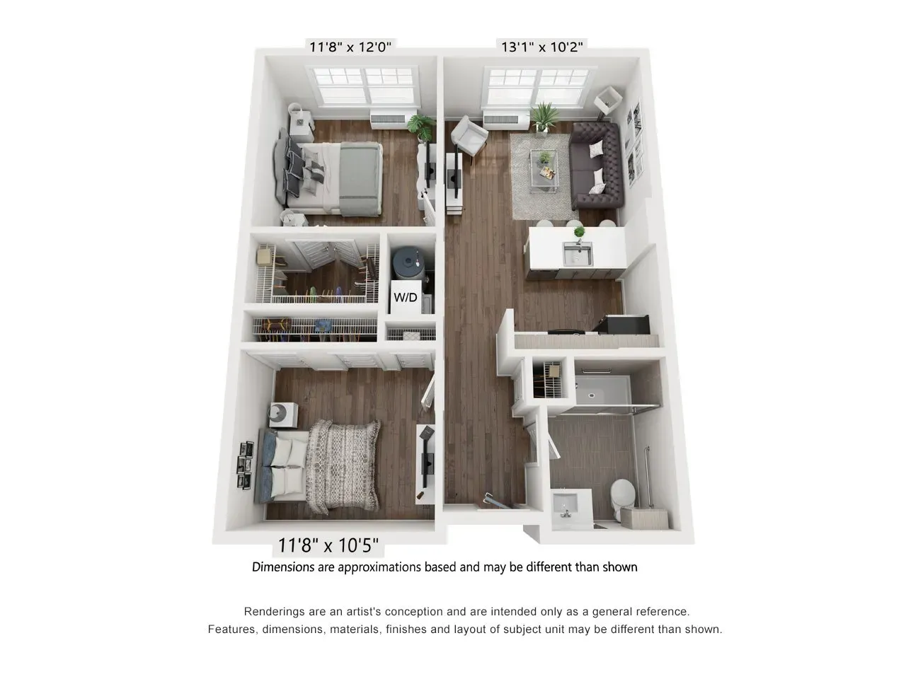 A 3d floor plan of a house with a bedroom , living room , and kitchen.