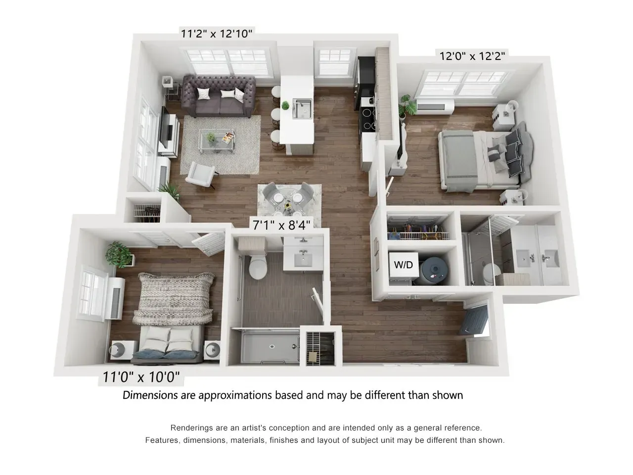 A 3d floor plan of a small apartment with two bedrooms and a bathroom.