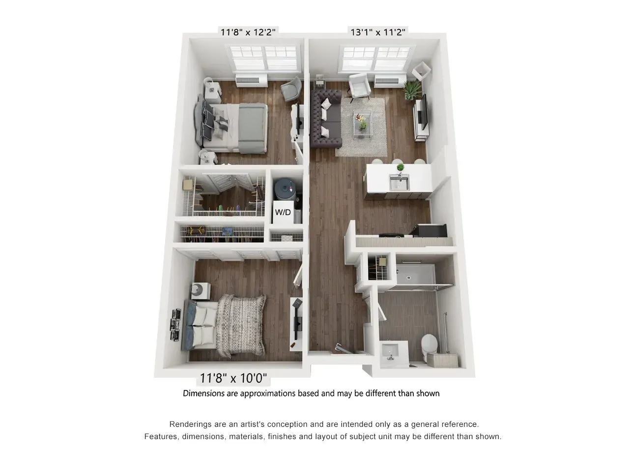 A 3d floor plan of a house with a bedroom , living room , and kitchen.