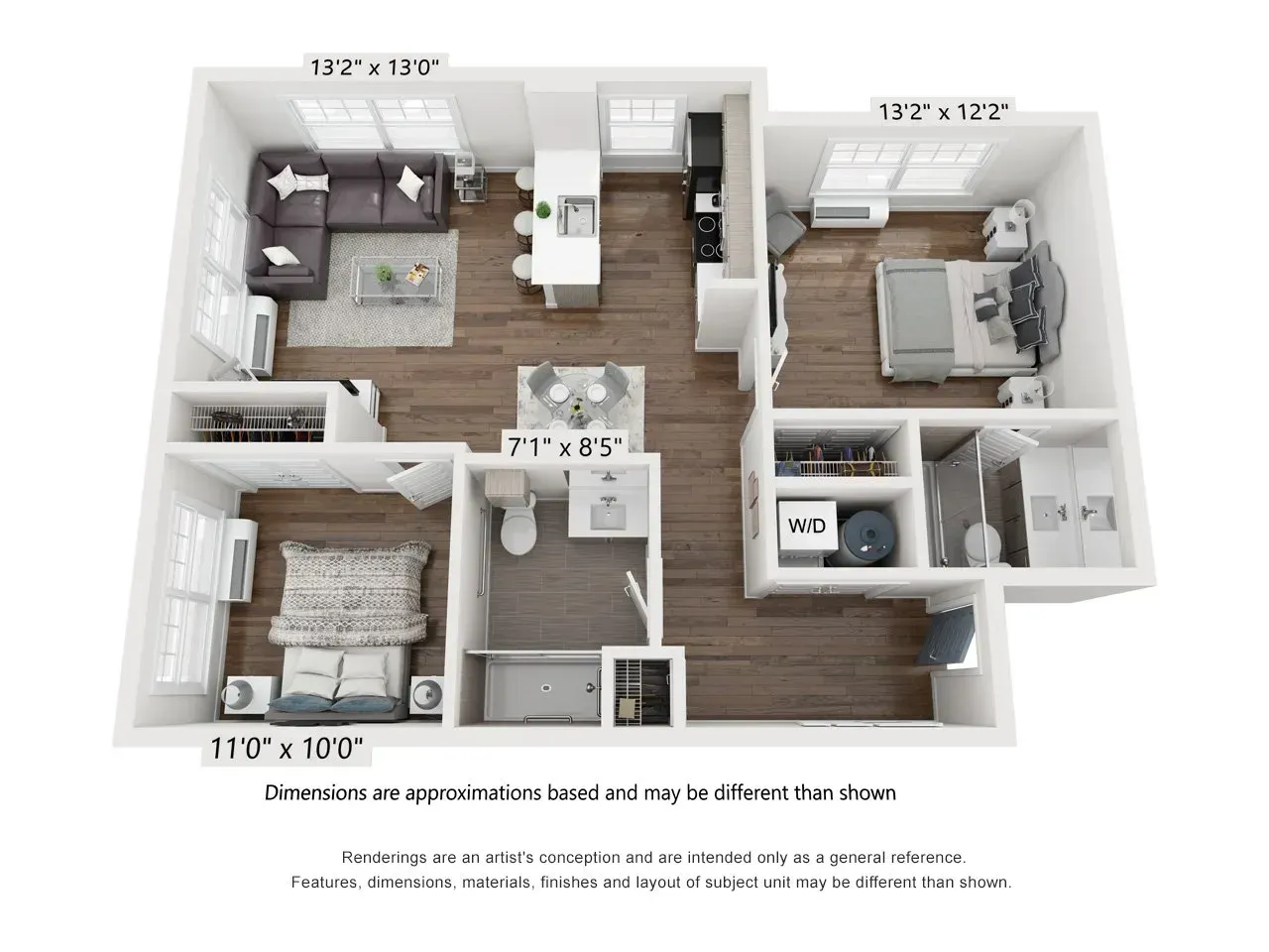 A 3d floor plan of a house with a couch and a bed.
