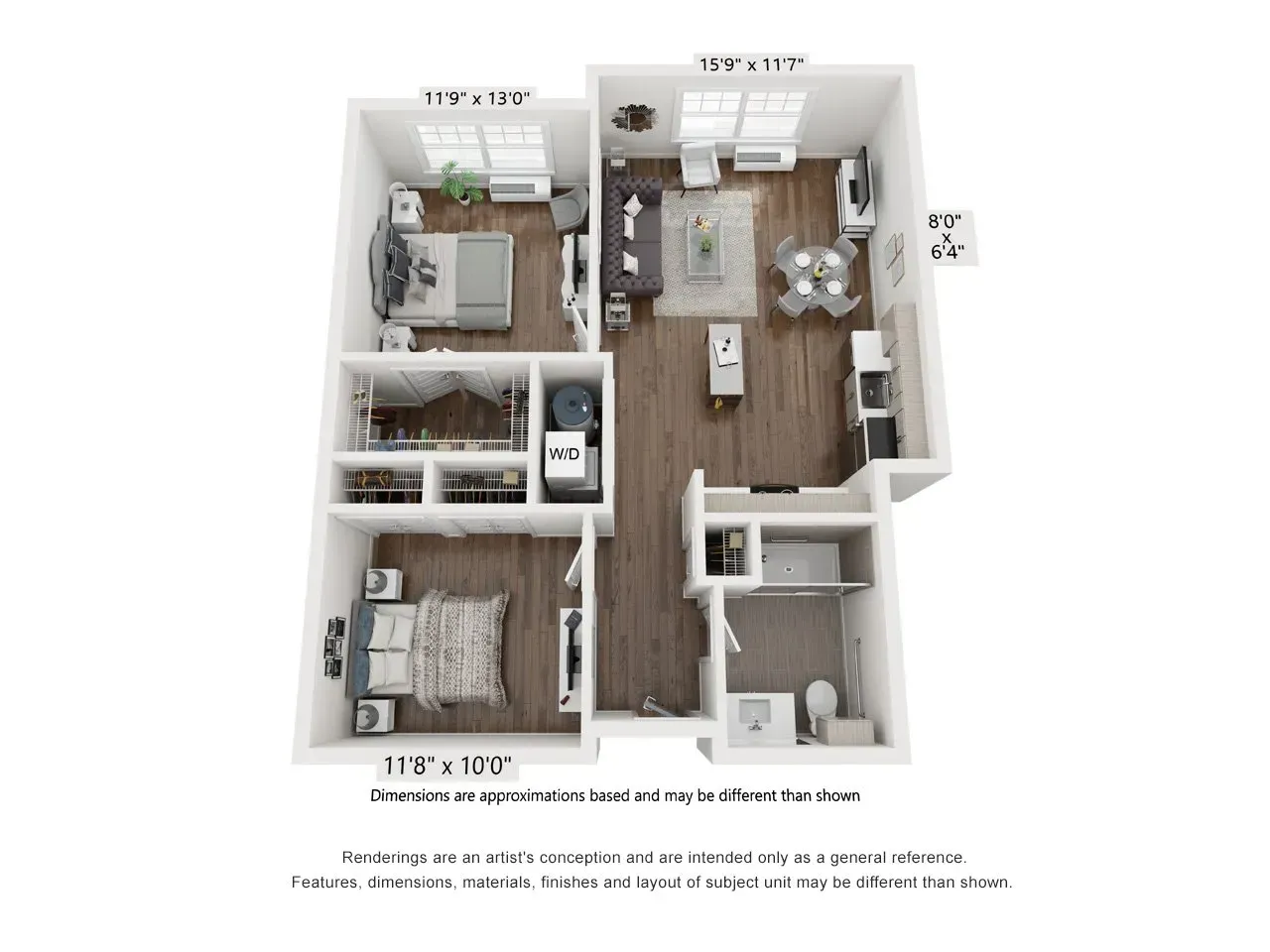A 3d floor plan of a house with two bedrooms and a bathroom.