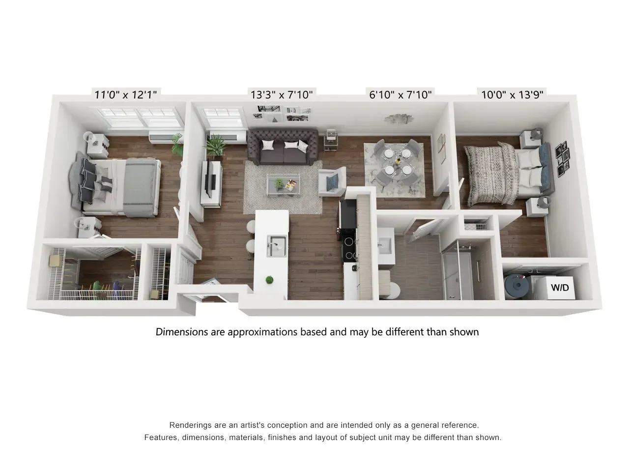 A 3d floor plan of a house with two bedrooms and a living room.
