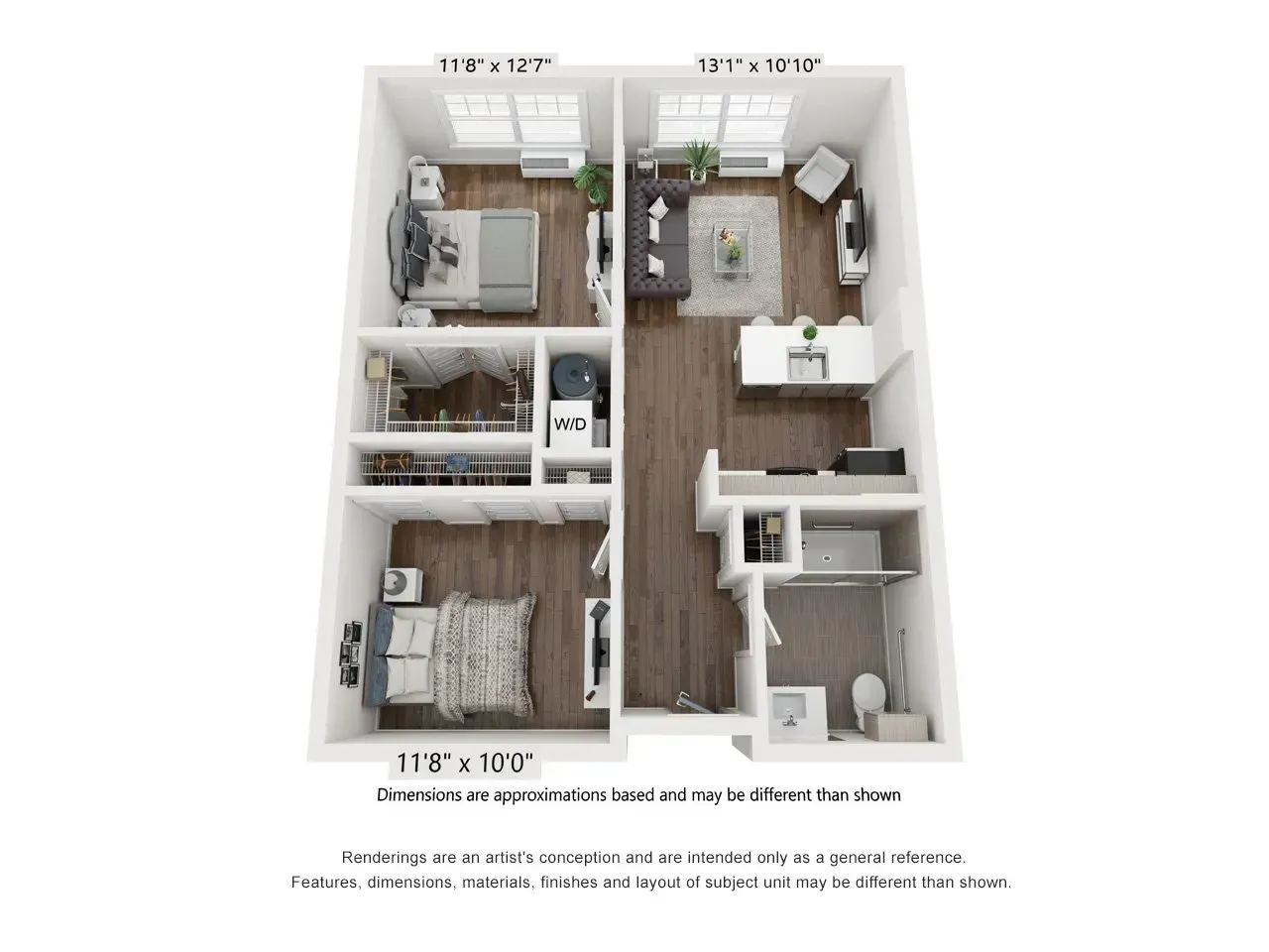A 3d floor plan of a house with two bedrooms and a bathroom.