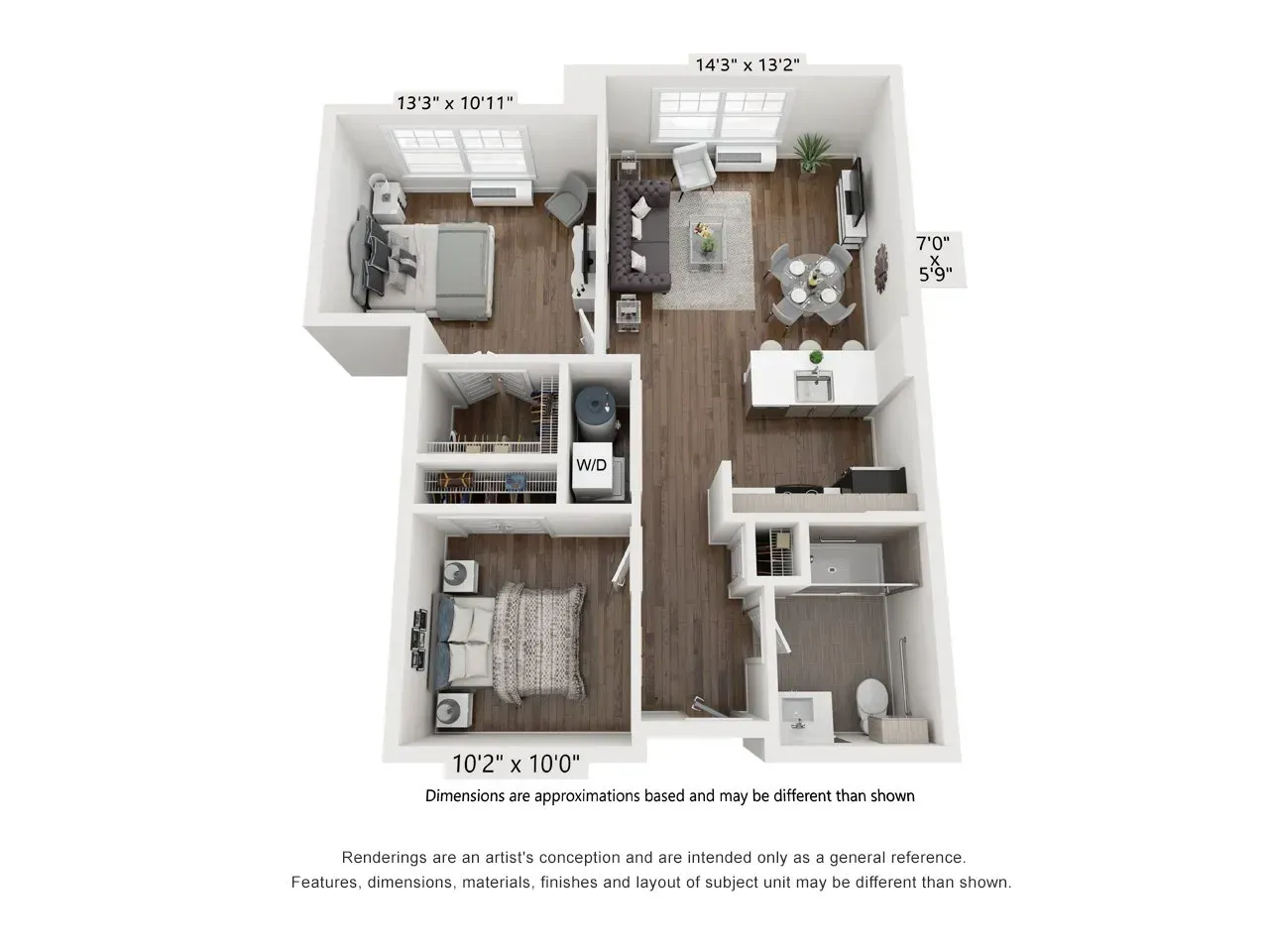 A 3d floor plan of a house with a bedroom , living room , dining room , and bathroom.