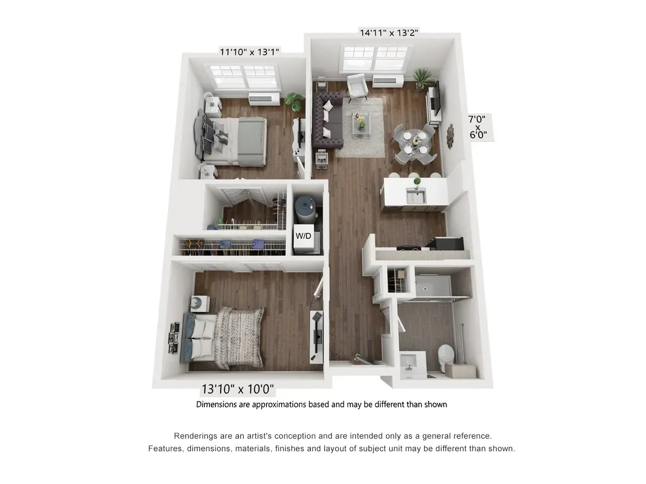 A 3d floor plan of a house with two bedrooms and a bathroom.