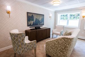 Bright living room with patterned chairs, sofa, TV, and large window