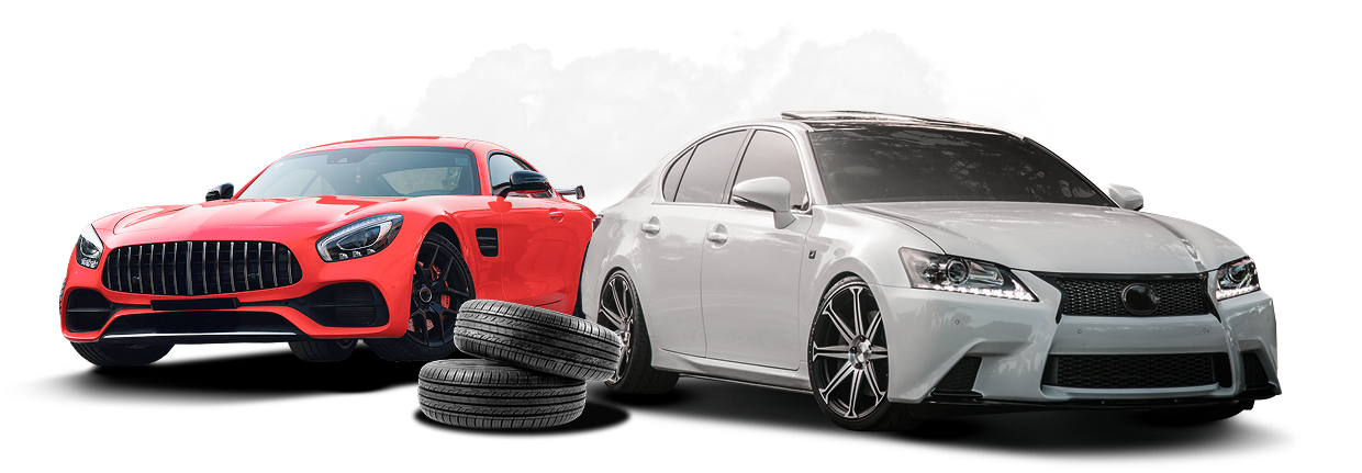 Red sports car and white sedan with tires on a white background. | Spring Hill Automotive Center