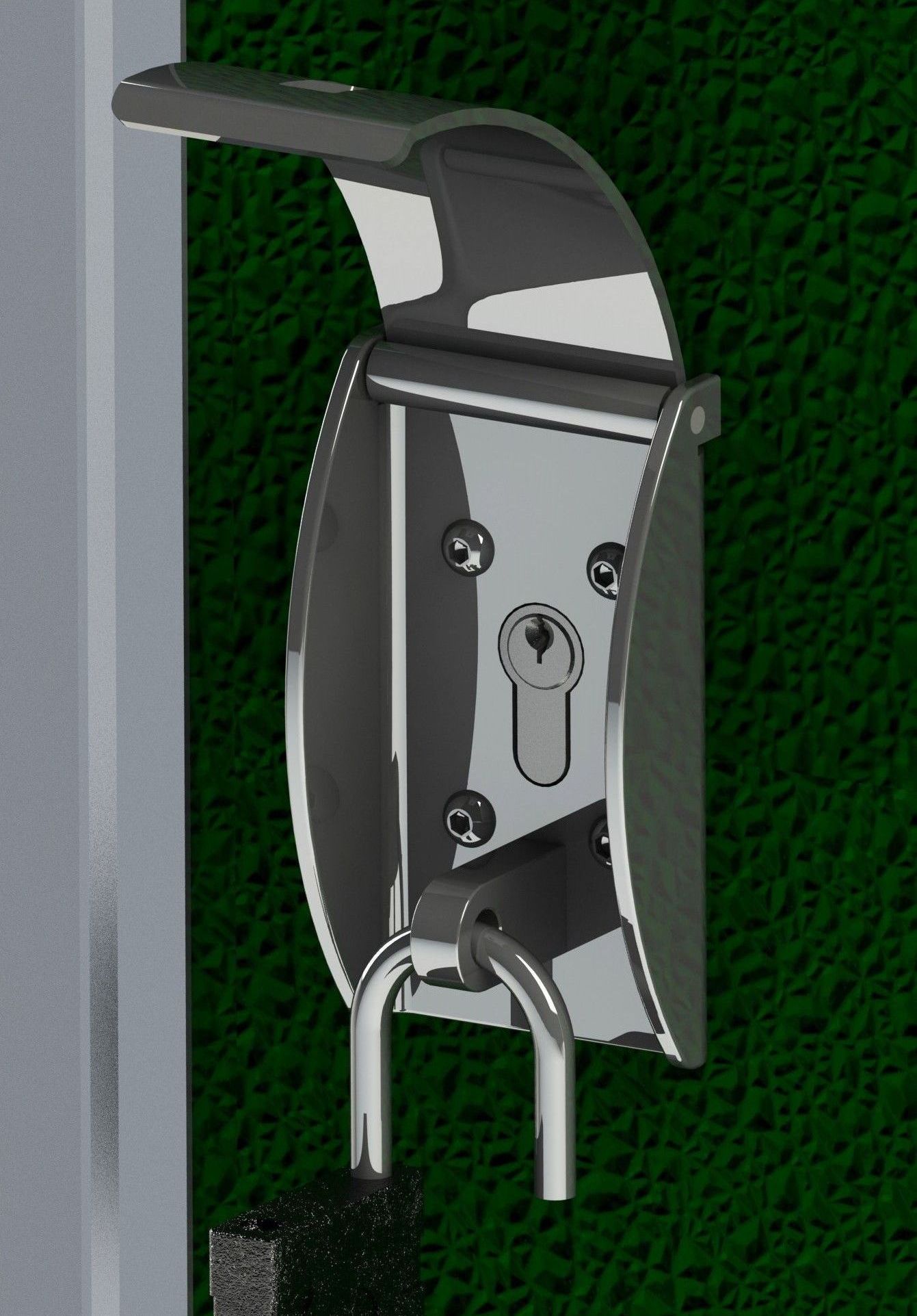 A 3d rendering of a steel door hardware lock system