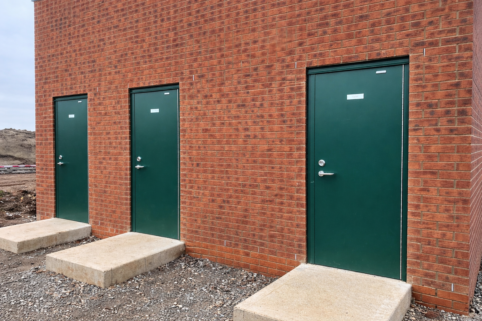 A large white building with a lot of windows and doors is sitting in a parking lot.