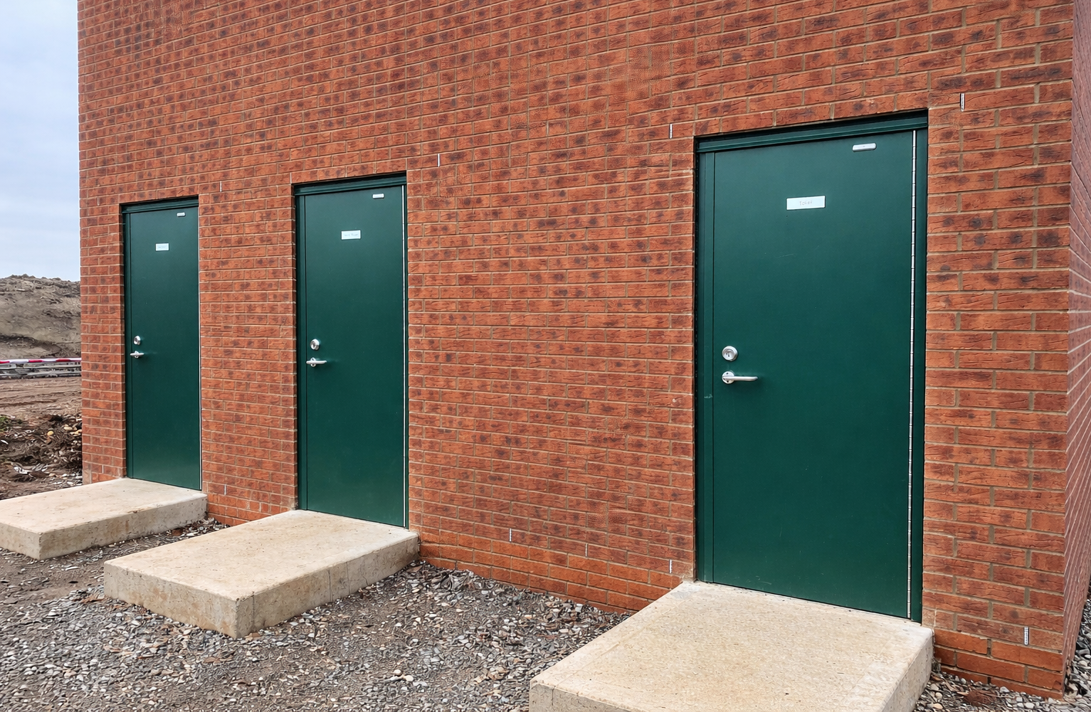 A large white building with a lot of windows and doors is sitting in a parking lot.