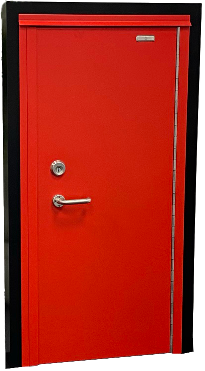 A red door with a black frame and handle on a white background.