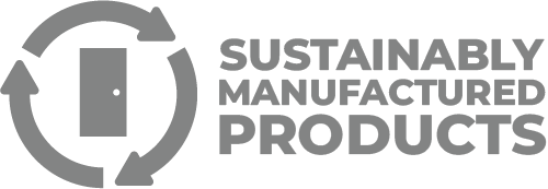 A logo for sustainably manufactured products with a door and arrows.