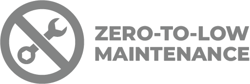 A logo that says zero to low maintenance with a wrench in a circle.