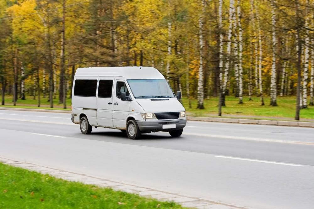 A White Van Is Driving Down A Road Next To A Forest — Whitsunday Transfer Service In Cannonvale, QLD