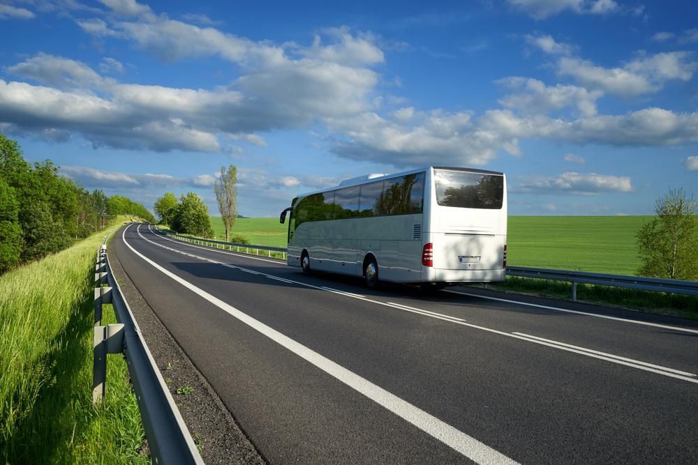 A White Bus Is Driving Down A Country Road — Whitsunday Transfer Service In Bloomsbury, QLD