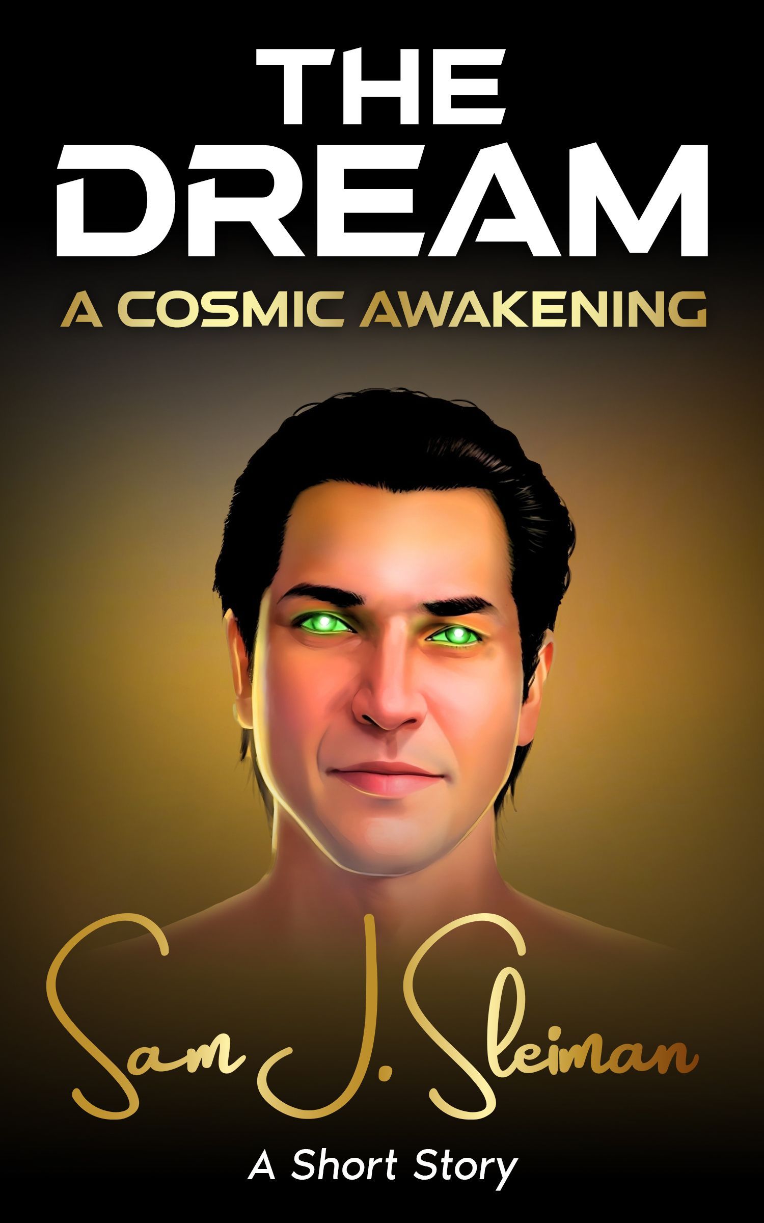 Book cover: Man with glowing green eyes, title 