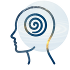 Silhouette head with spiral inside, filled with a cosmic, blue, and gold landscape.