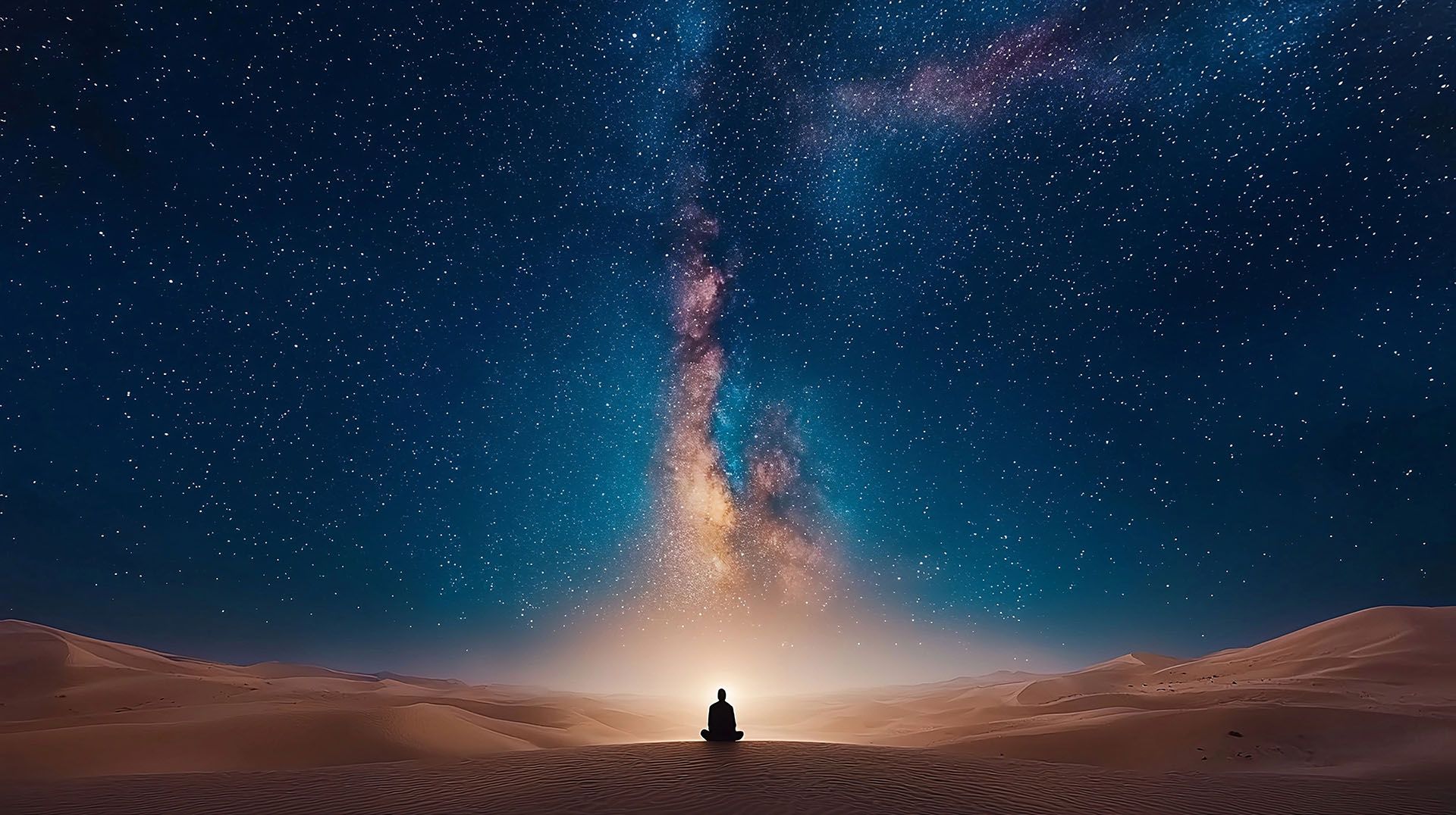 Person silhouetted on desert, gazing up at night sky filled with stars, Milky Way visible.