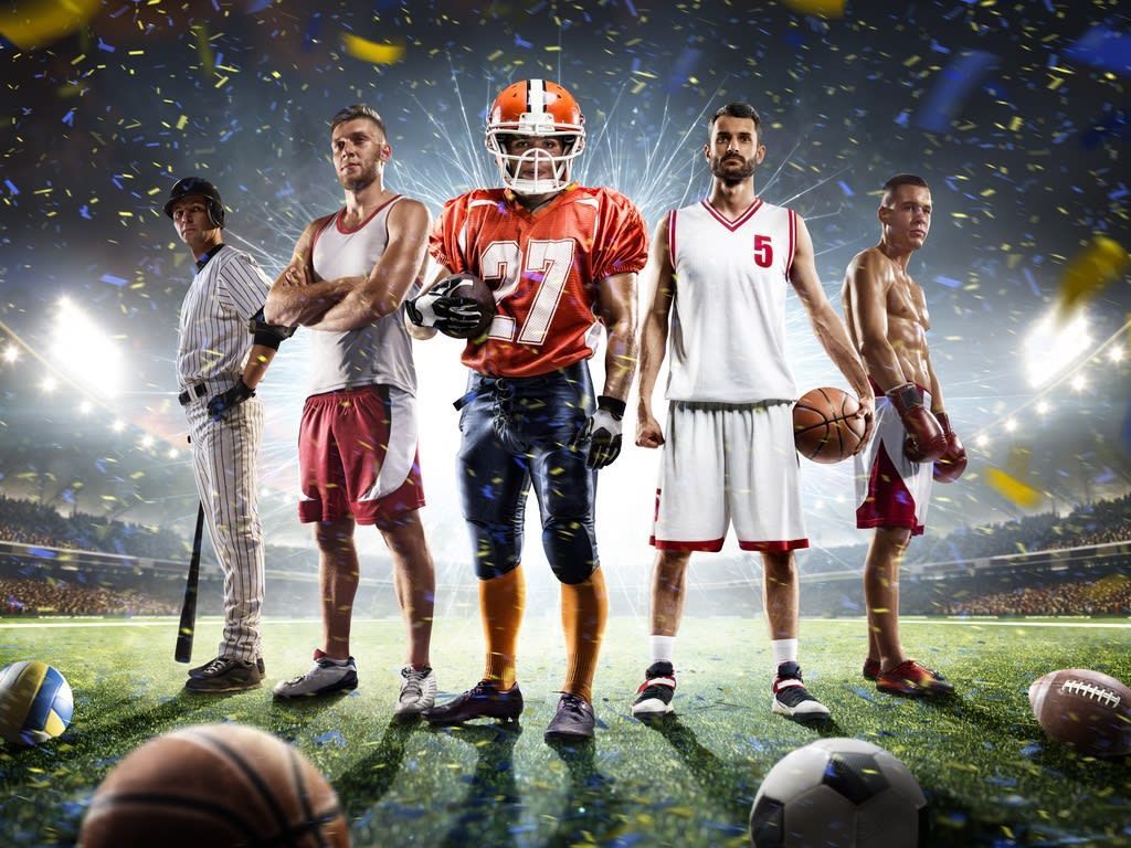 A photo of All types of athletes. Football, soccer, tennis, basketball
