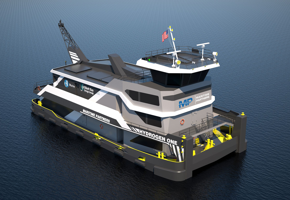 3d Rendering M/V Hydrogen One Towboat on open water 