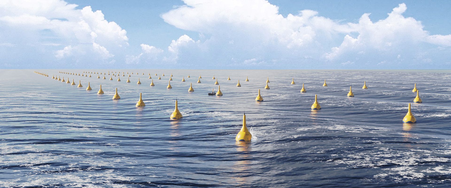 Ocean landscape with hundreds of yellow buoys floating on the surface