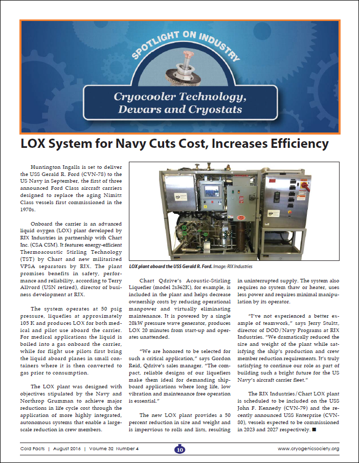 LOX System Receives Praise from Cryogenics Society of America