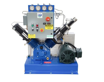 A blue air compressor with a motor and a control panel