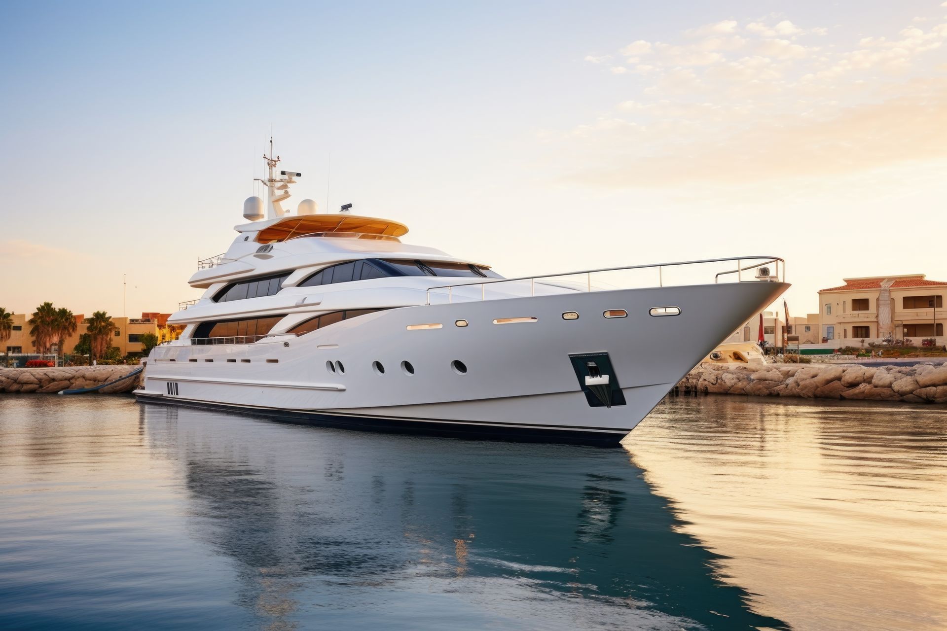 A large white yacht is docked in a harbor.