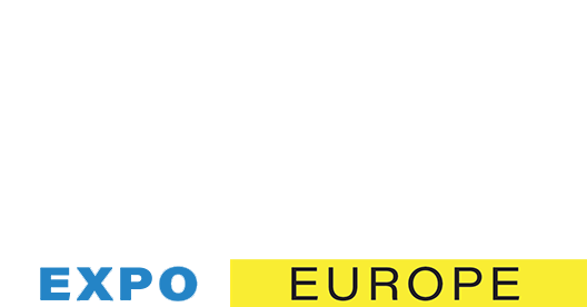 A blue and yellow logo for expo europe on a white background.