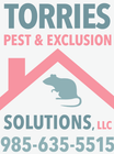 Logo for Torries Pest & Exclusion Solutions, featuring a pink house outline, teal text, and a rat silhouette. Phone number is 985-635-5515.