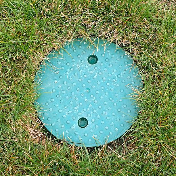 Green, round irrigation valve cover nestled in green grass.