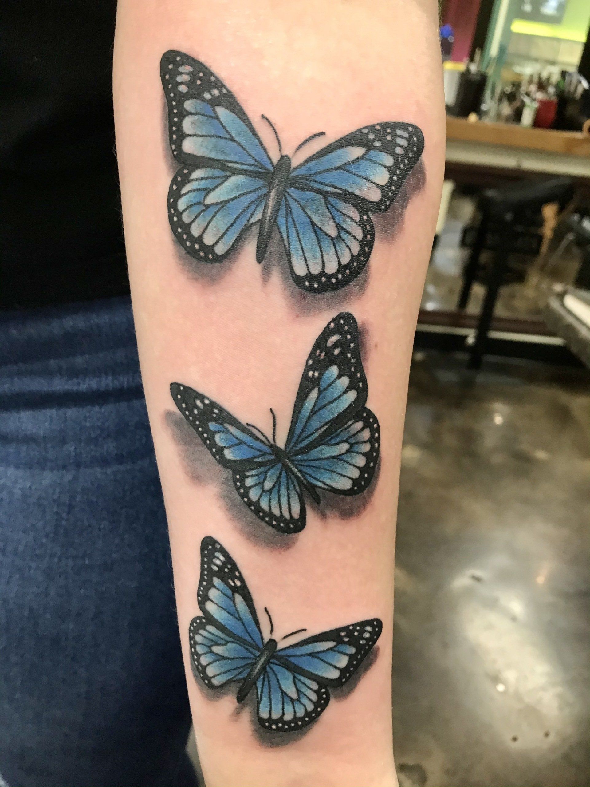 Three blue butterflies — Little Rock, AR — Seventh Street Tattoos & Piercing