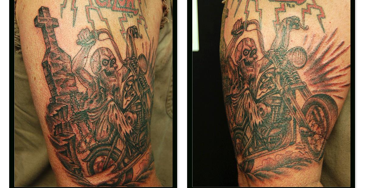Undead man riding motorcycle tattoo — Little Rock, AR — Seventh Street Tattoos & Piercing