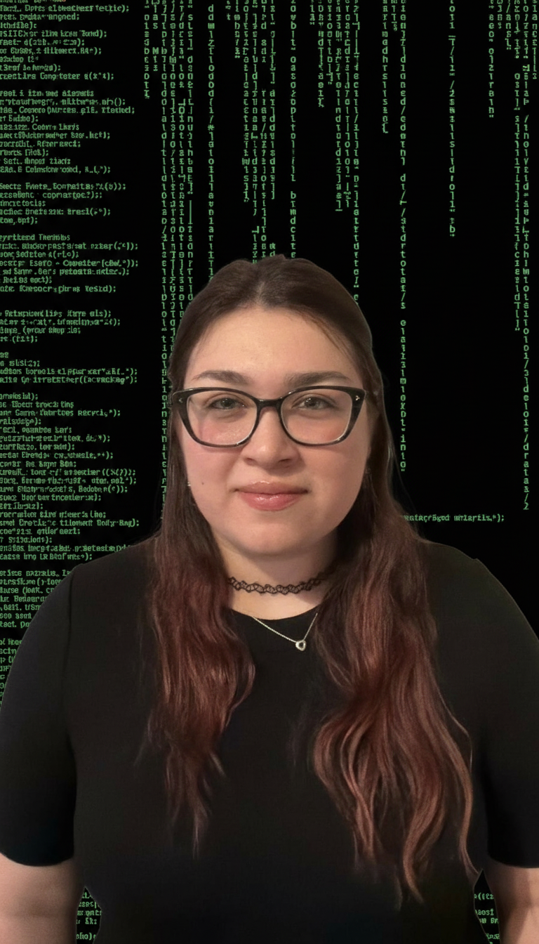 Silmälasipäinen nainen vihreän kooditaustan edessä, hymyilevä.