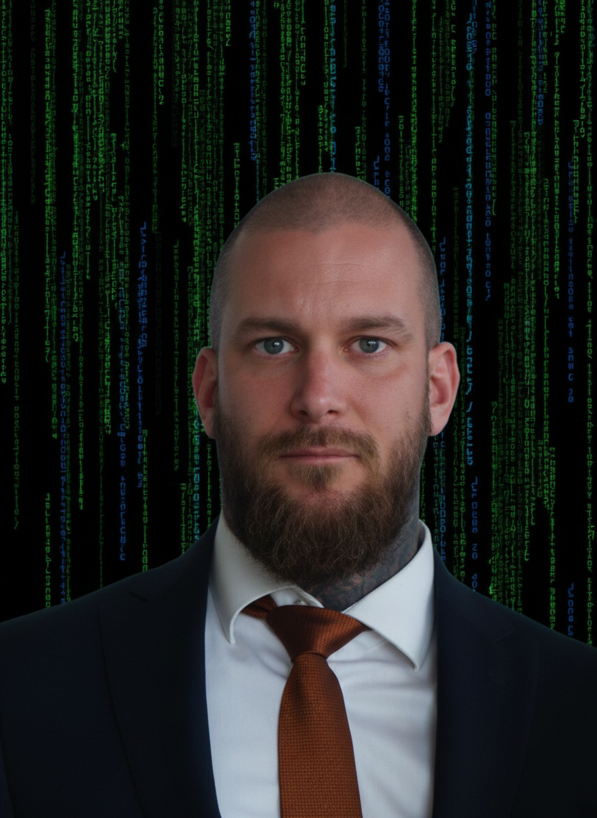 Parrakas ja solmioinen pukumies vihreää digitaalista koodia vasten.