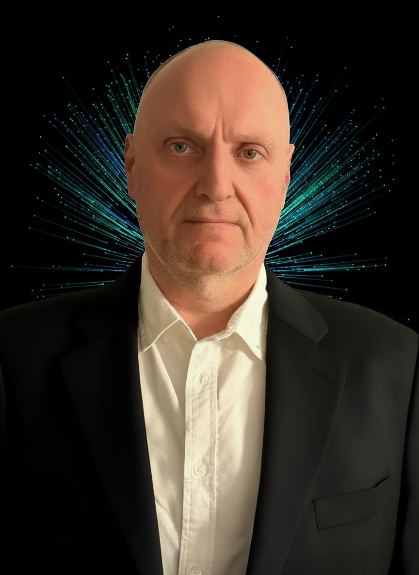 Kalju mies mustassa puvussa ja valkoisessa paidassa, vakava ilme, taustalla sinivihreä räjähdyskuvio.