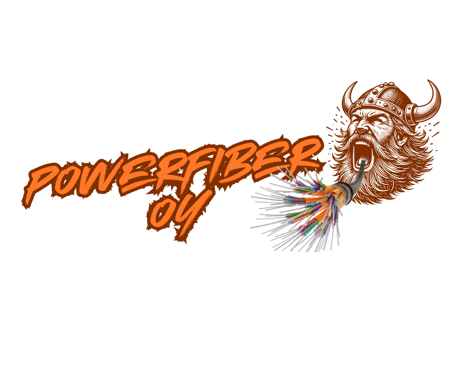 A logo for a company called powerfiber oy with a viking on it.