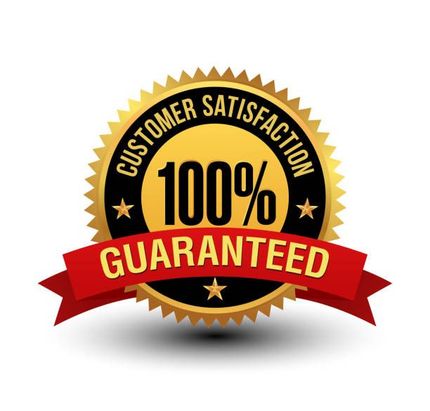 A 100 % customer satisfaction guaranteed seal with a red ribbon