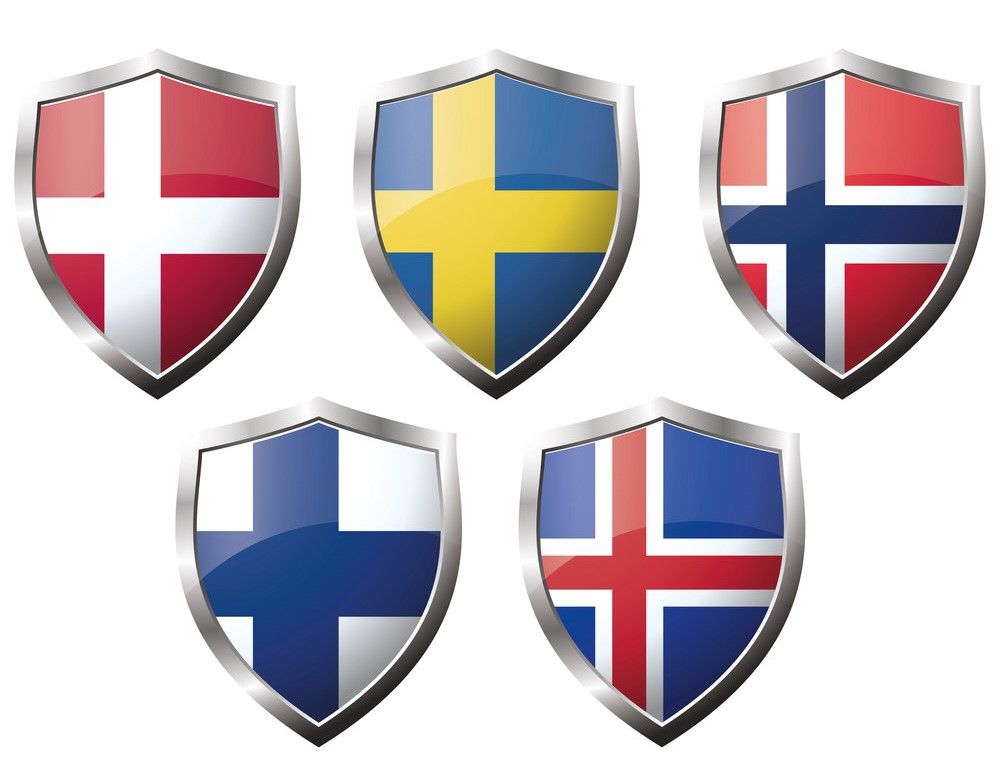 A set of five shields with flags on them