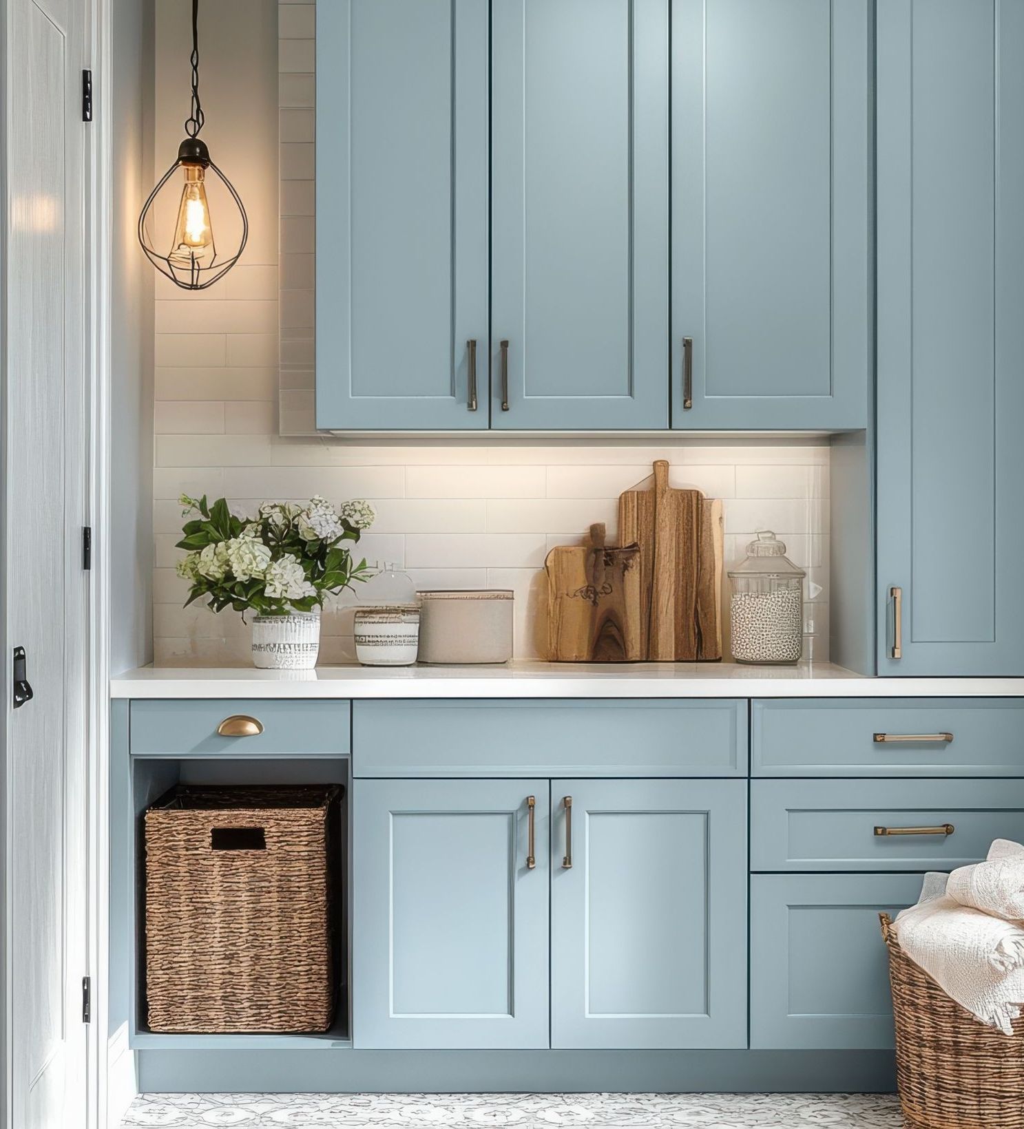 A kitchen with light blue cabinets and a wicker basket