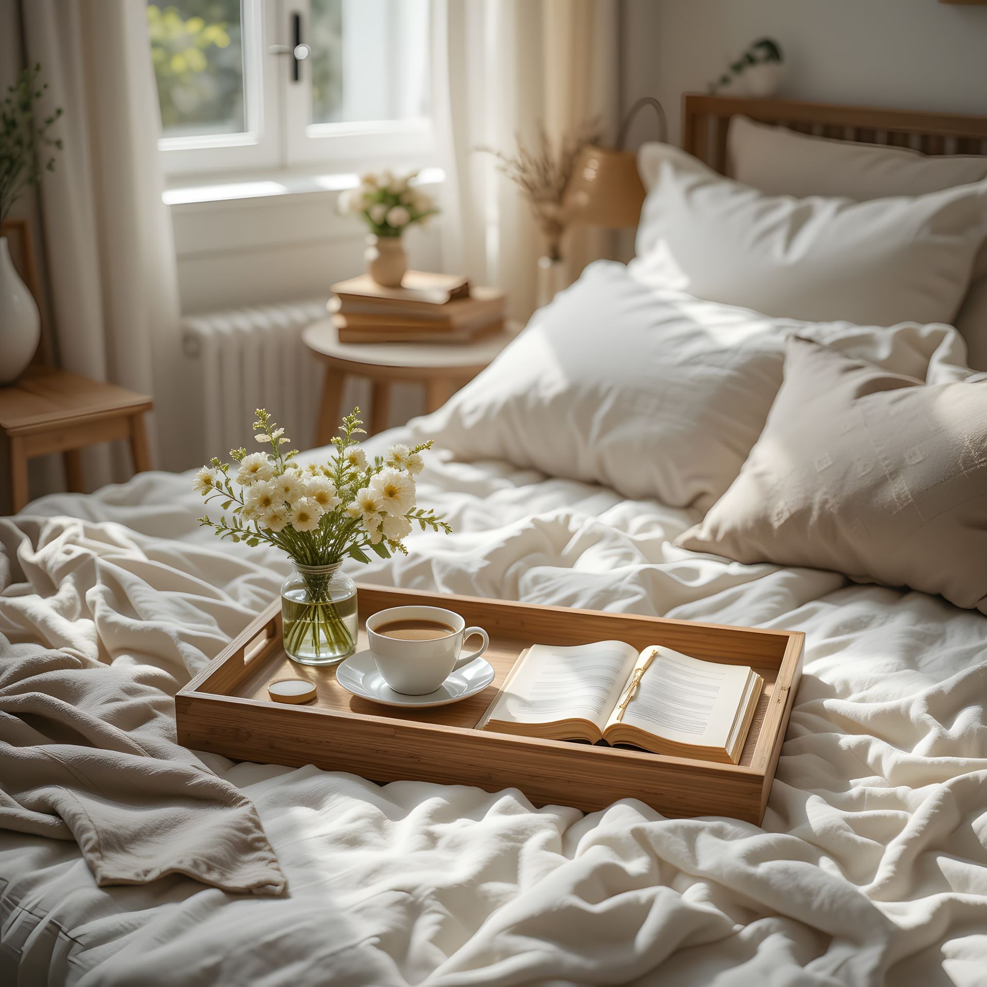 A bed with a wooden tray with a cup of coffee and a book on it.