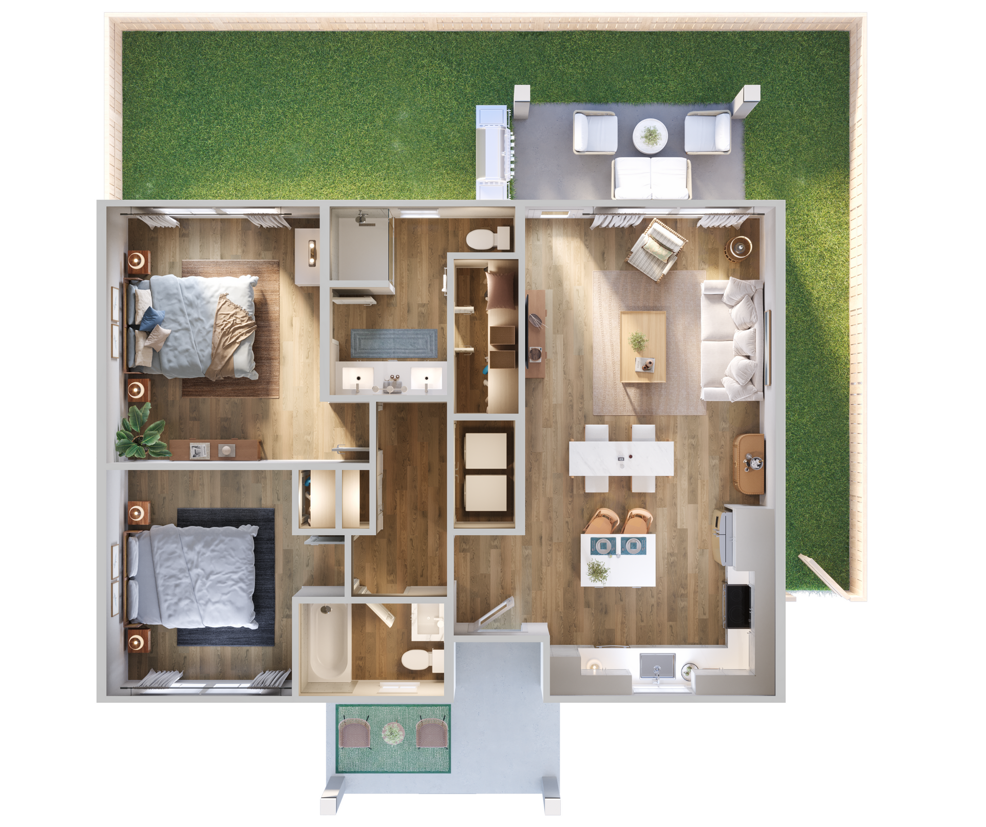 An aerial view of a floor plan of a house.