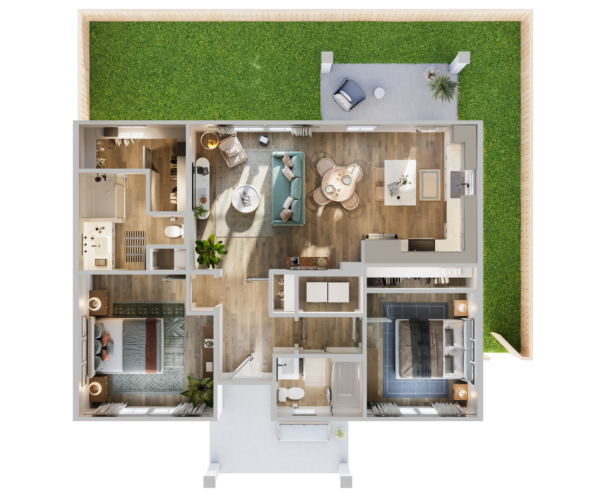An aerial view of a floor plan of a house.