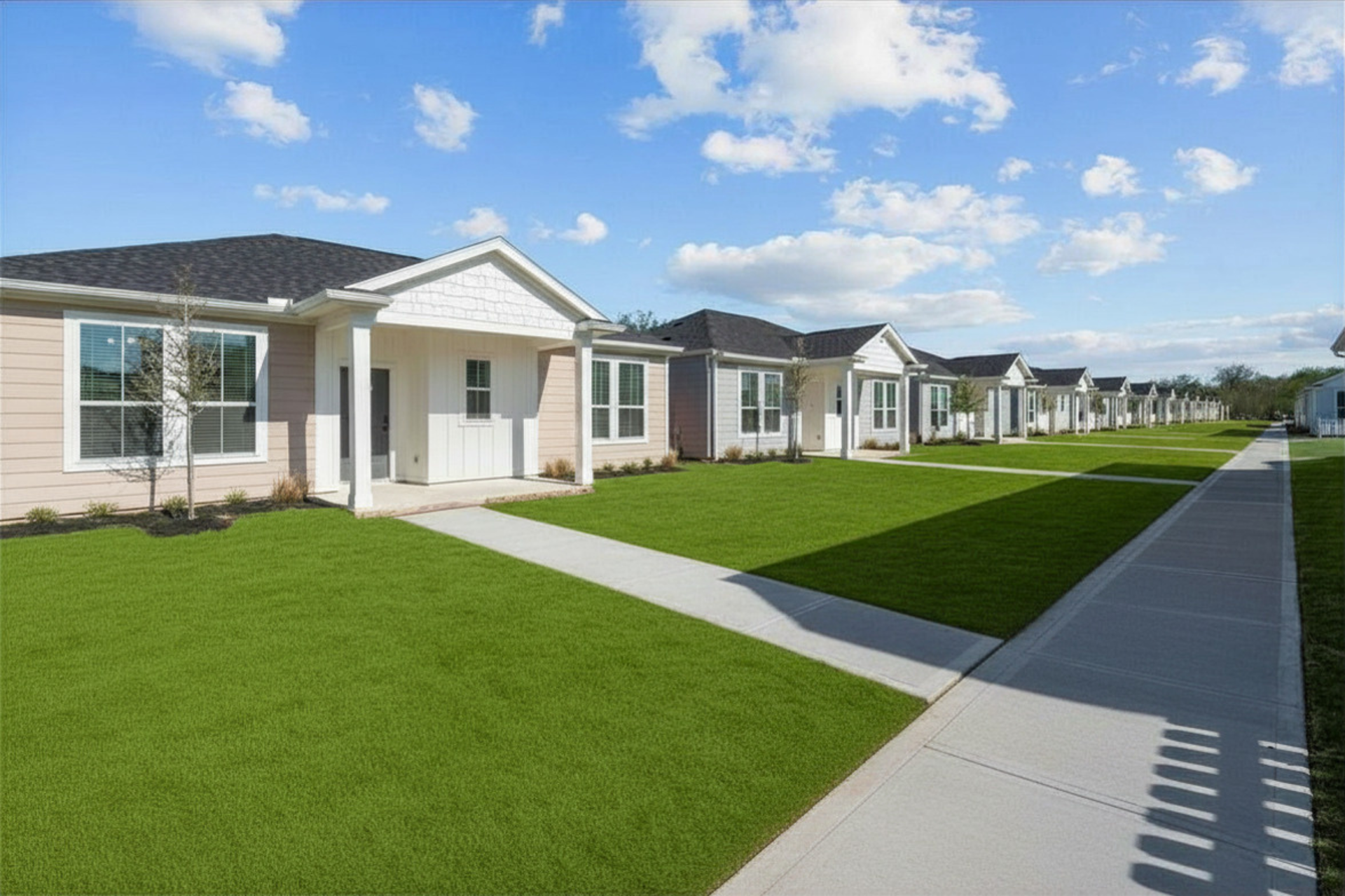 Row of cottage-style homes with yards in Baytown TX
