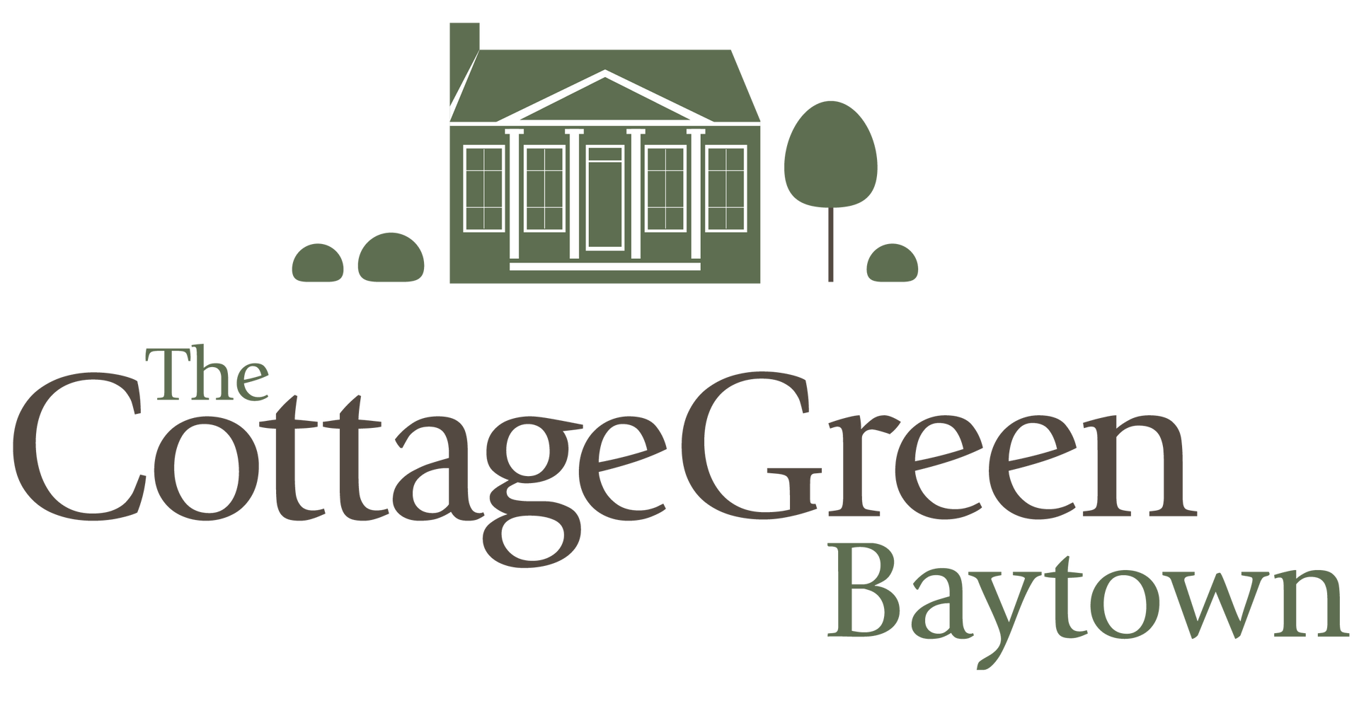 A logo for the cottage green baytown with a house and trees